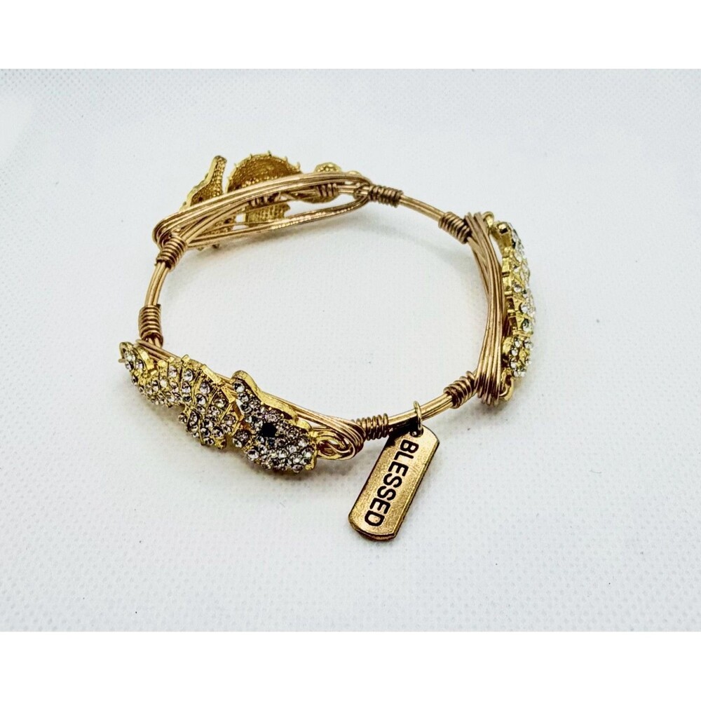 Gold-Tone Seahorse Crystal Bangle Bracelet with 'BLESSED' Charm